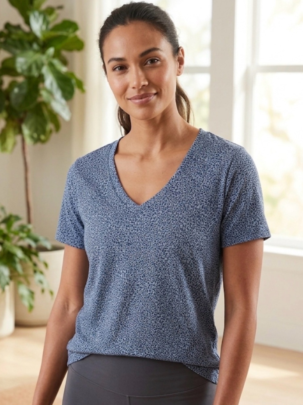 Athleta Blue Micro-Print V-Neck Short Sleeve Top